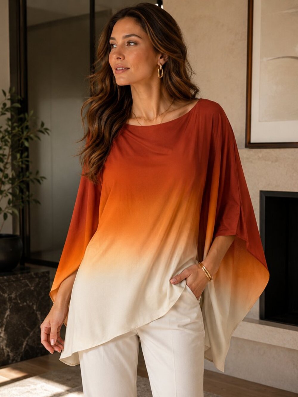 T Tahari Orange Ombré Sunset Drape Sleeve Top Size S NWT Vacation
